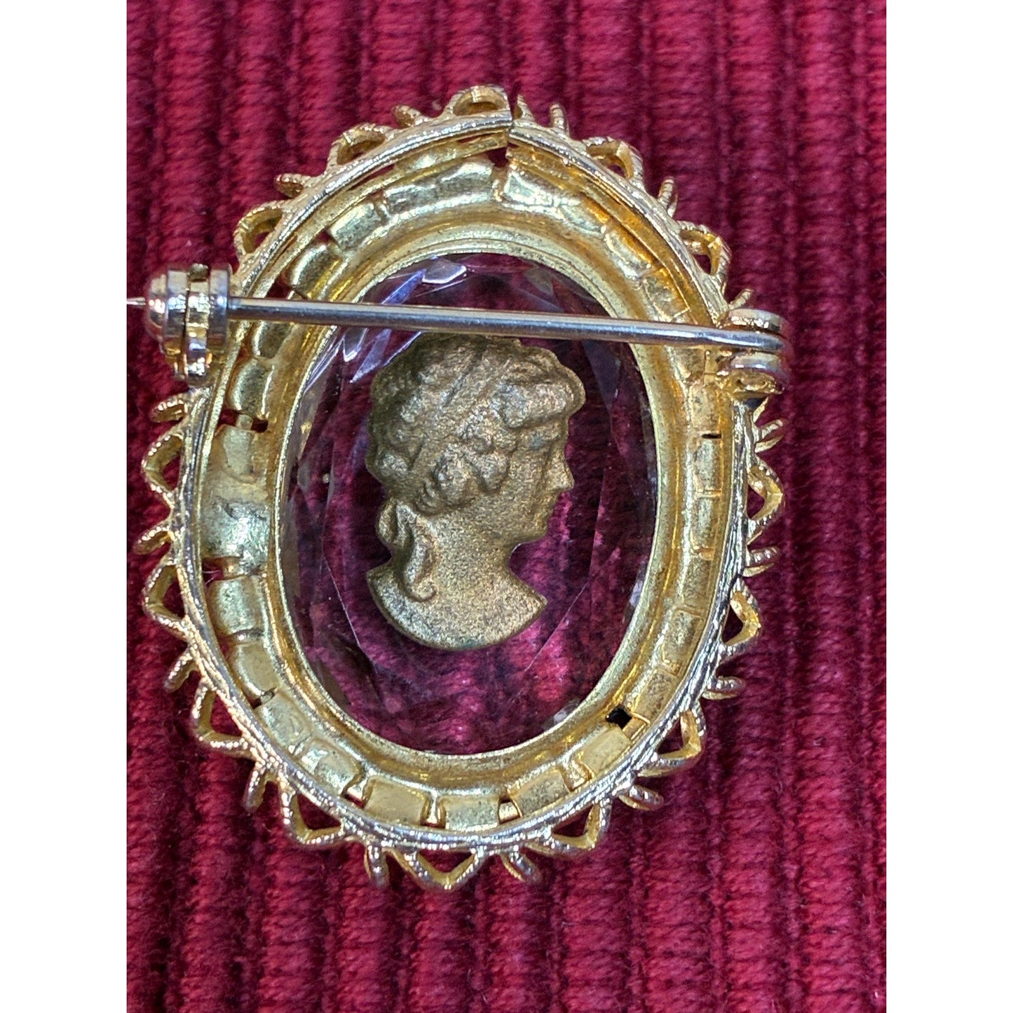 Vintage Reverse Carved Lady Cameo Crystal Brooch | Gold Tone Rhinestone Halo Pin | Victorian Revival Statement Jewelry