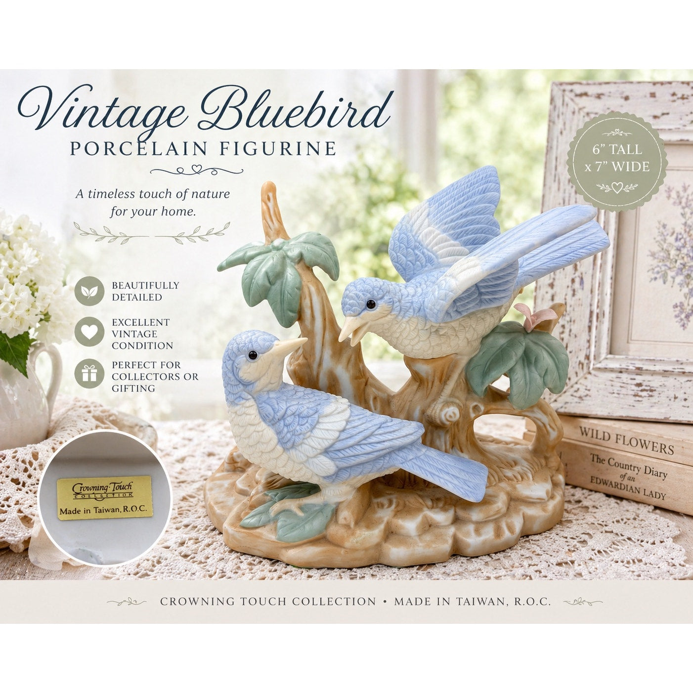 Vintage Porcelain Bluebird Figurine on Tree Stump – Crowning Touch Collection – Taiwan – 6” Tall
