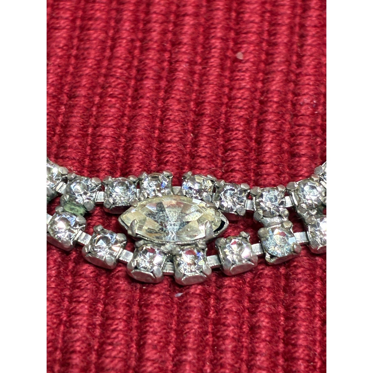 Vintage Rhinestone Statement Necklace | 16” Silver Tone Marquise Crystal Collar | Old Hollywood Glam Jewelry