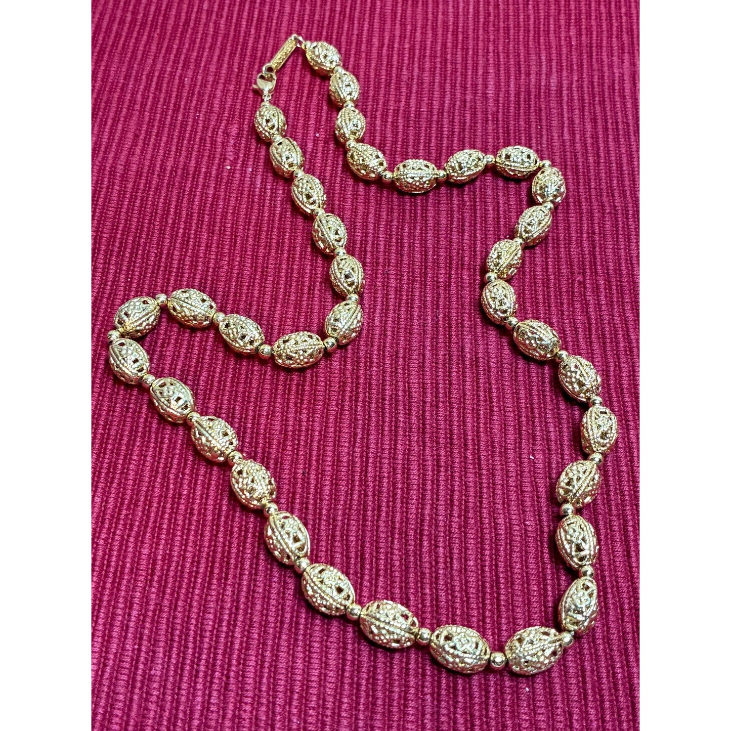 Vintage Napier 24” Gold Tone Necklace | Openwork Filigree Oval Beads | Long Designer Fashion Jewelry