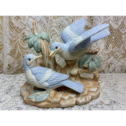 Vintage Porcelain Bluebird Figurine on Tree Stump – Crowning Touch Collection – Taiwan – 6” Tall