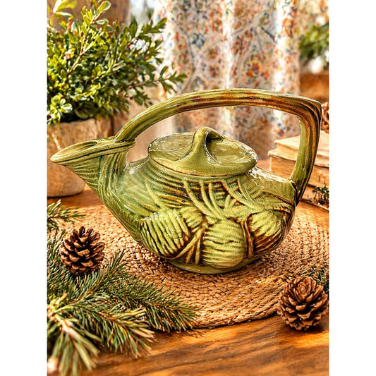 Vintage McCoy Pinecone Teapot – Green Brown Drip Glaze Pottery, 1940s Nelson McCoy, Rustic Cabin Decor, Collectible Ceramic
