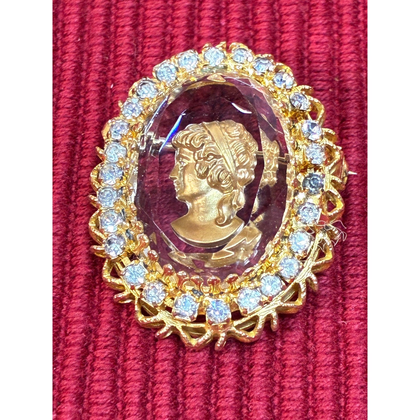 Vintage Reverse Carved Lady Cameo Crystal Brooch | Gold Tone Rhinestone Halo Pin | Victorian Revival Statement Jewelry