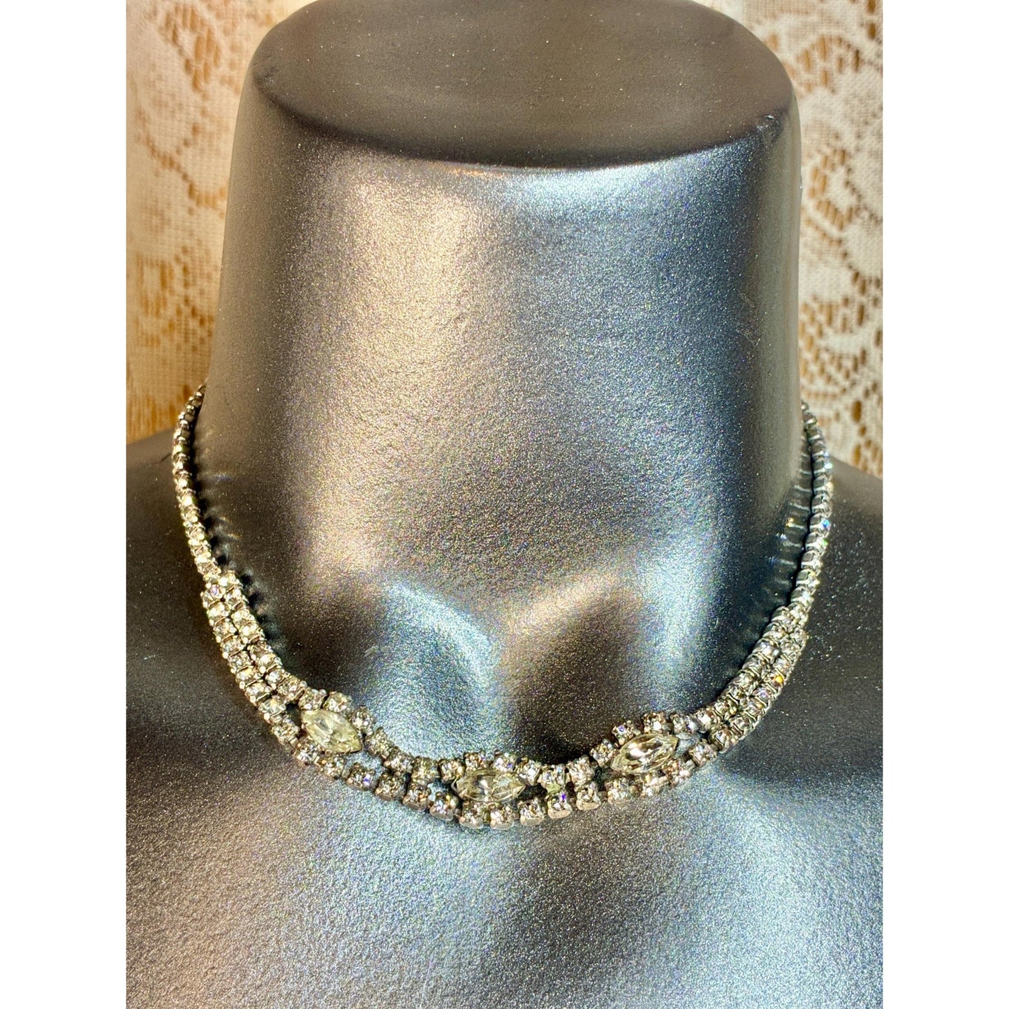Vintage Rhinestone Statement Necklace | 16” Silver Tone Marquise Crystal Collar | Old Hollywood Glam Jewelry