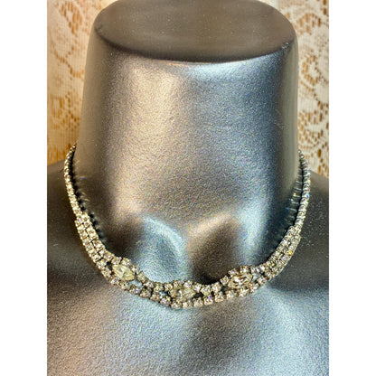 Vintage Rhinestone Statement Necklace | 16” Silver Tone Marquise Crystal Collar | Old Hollywood Glam Jewelry