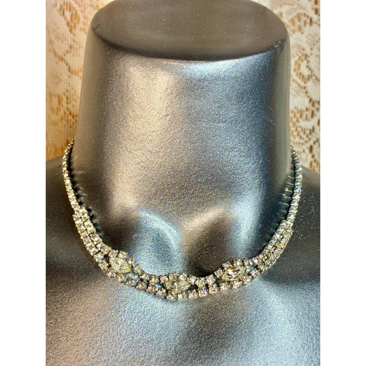 Vintage Rhinestone Statement Necklace | 16” Silver Tone Marquise Crystal Collar | Old Hollywood Glam Jewelry