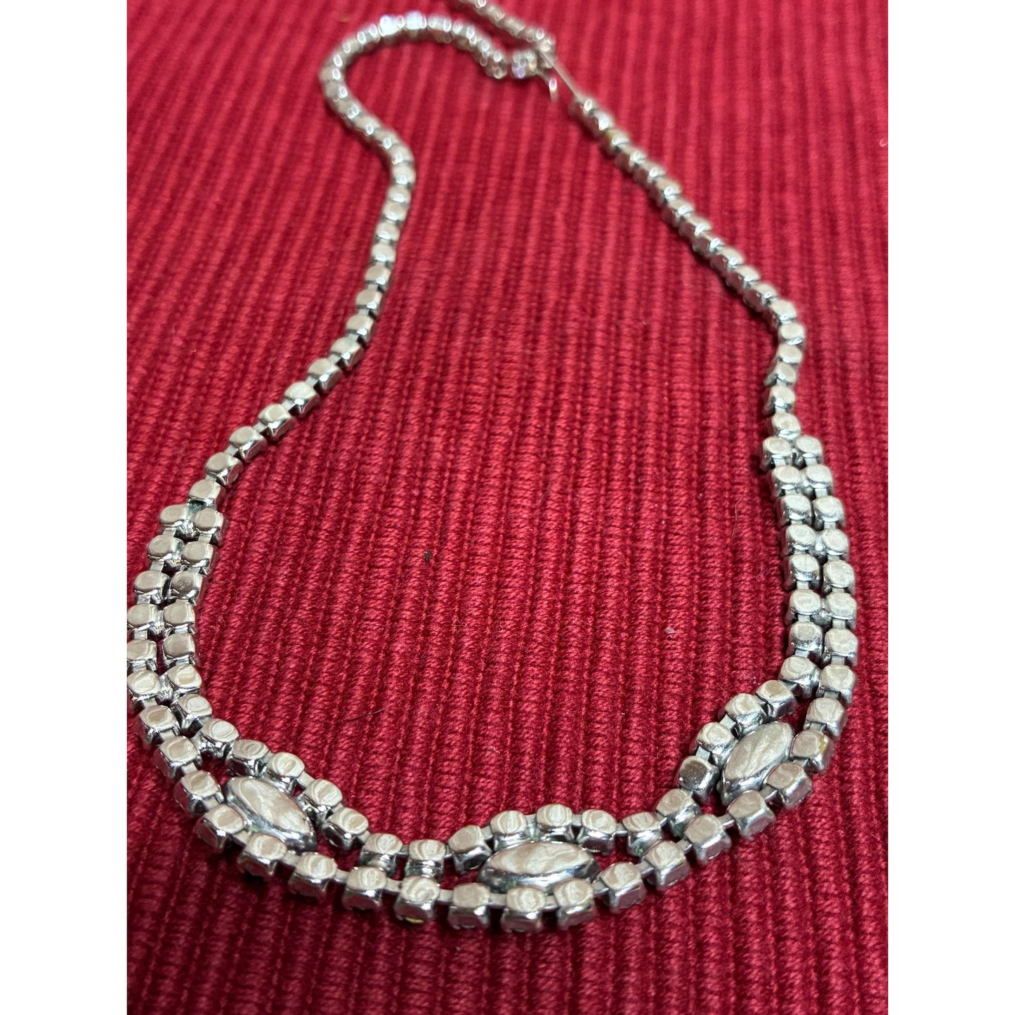 Vintage Rhinestone Statement Necklace | 16” Silver Tone Marquise Crystal Collar | Old Hollywood Glam Jewelry