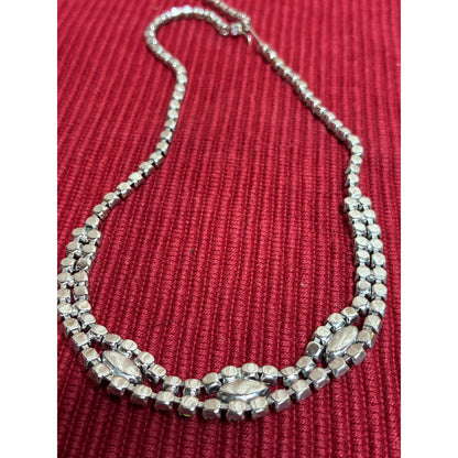Vintage Rhinestone Statement Necklace | 16” Silver Tone Marquise Crystal Collar | Old Hollywood Glam Jewelry