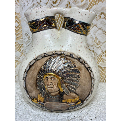 Native American Wedding Vase – Proud Chief & Tomahawk Motif – 6” Speckled Ceramic Southwest Decor – Mid-Century pottery