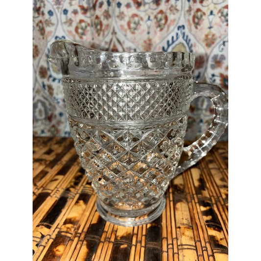 Vintage Cut Glass Style Creamer Pitcher – Diamond Pattern w/ Starburst Base – 16 oz