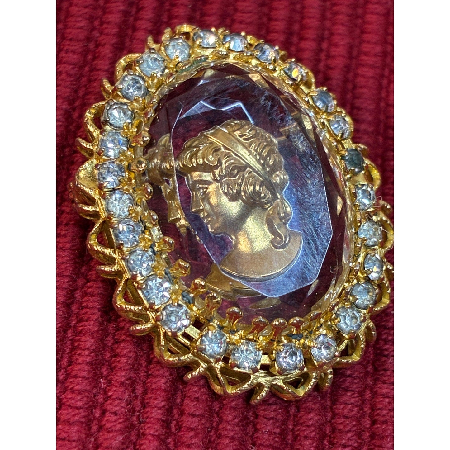 Vintage Reverse Carved Lady Cameo Crystal Brooch | Gold Tone Rhinestone Halo Pin | Victorian Revival Statement Jewelry