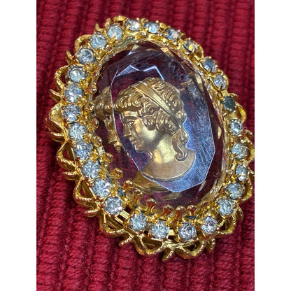 Vintage Reverse Carved Lady Cameo Crystal Brooch | Gold Tone Rhinestone Halo Pin | Victorian Revival Statement Jewelry