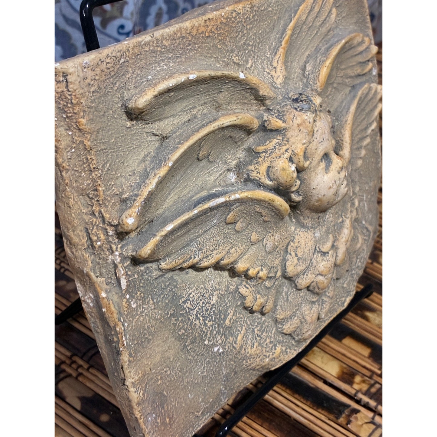 Hayes Parker Cherub Wall Plaque - Signed Sandcast Angel Sculpture - Pensive Angel Plaque - Vintage