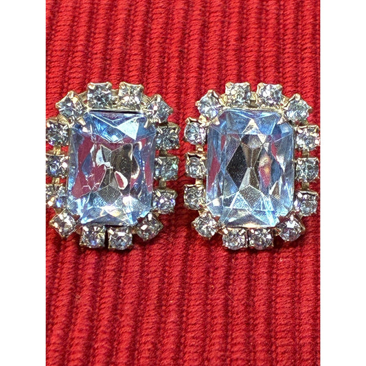 Vintage Blue Topaz Colored Rhinestone Clip On Earrings | Emerald Cut Glass Crystal Halo Earrings | Hollywood Regency Statement Jewelry
