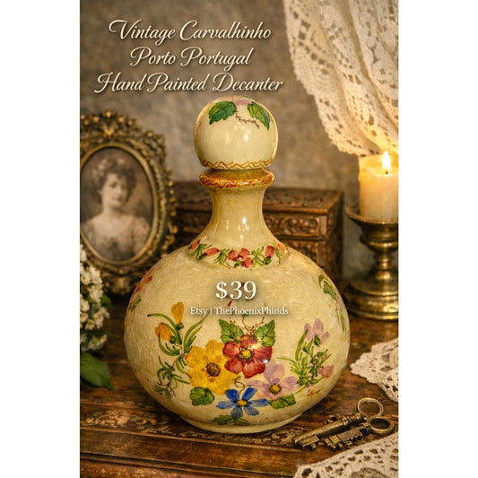 Carvalhinho Porto Portugal  Vintage Hand Painted Ceramic Wine Liquor Bottle Decanter With Lid