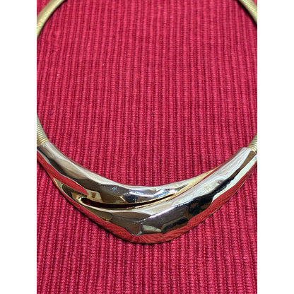 Vintage 1980s Gold Tone Flat Snake Chain Statement Necklace | Faceted Modernist Collar 17”