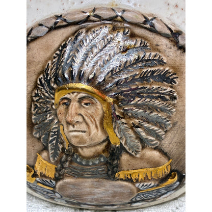 Native American Wedding Vase – Proud Chief & Tomahawk Motif – 6” Speckled Ceramic Southwest Decor – Mid-Century pottery