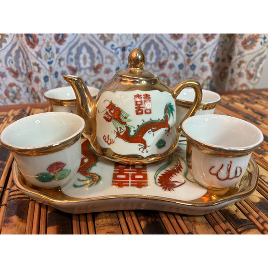 Asian Dragon & Phoenix Mini Tea/Sake Set with Tray. Gilt Porcelain, 6pc set, Vintage
