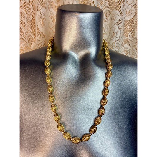 Vintage Napier 24” Gold Tone Necklace | Openwork Filigree Oval Beads | Long Designer Fashion Jewelry