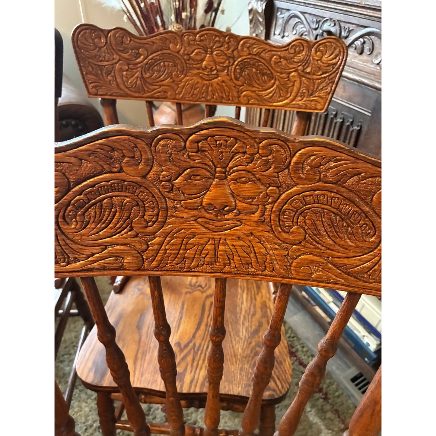 FOR LOCAL PICK UP ONLY: Antique Early 1900s Carved Oak “Green Man” Dining Chairs – Set of 4 – Made in Canada