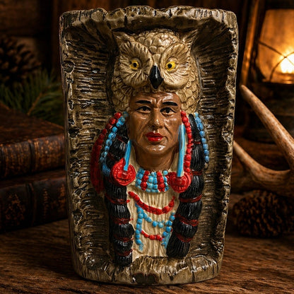 Native American inspired Owl Headdress Ceramic Figurine – Southwestern Rustic Lodge Decor