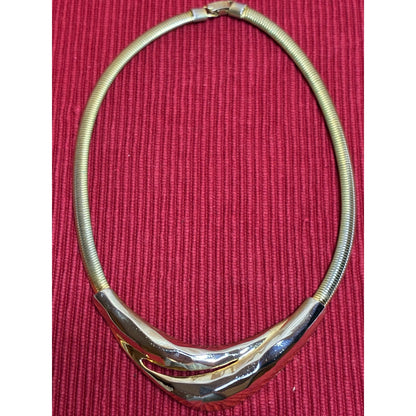 Vintage 1980s Gold Tone Flat Snake Chain Statement Necklace | Faceted Modernist Collar 17”