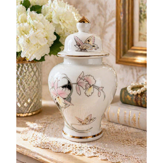 Vintage Fine China Porcelain Lidded Jar – Butterfly & Floral Design – Japan