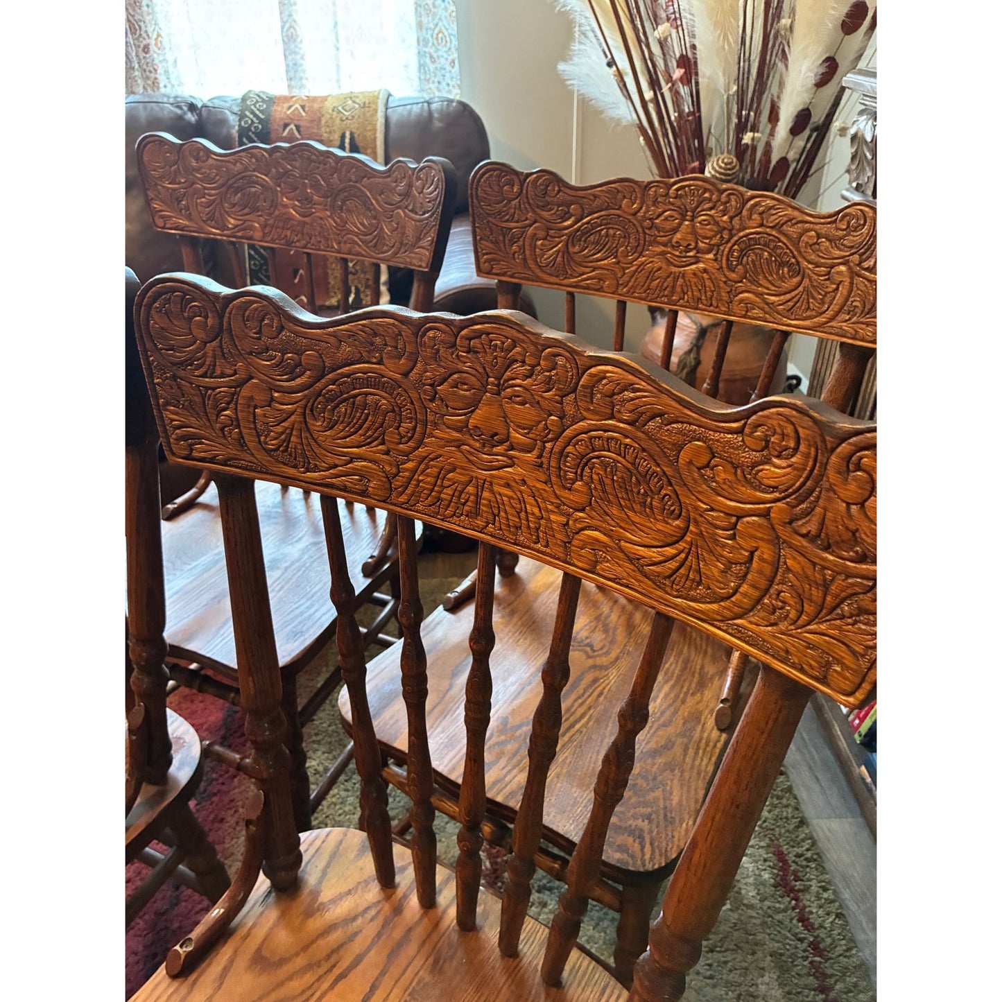 FOR LOCAL PICK UP ONLY: Antique Early 1900s Carved Oak “Green Man” Dining Chairs – Set of 4 – Made in Canada