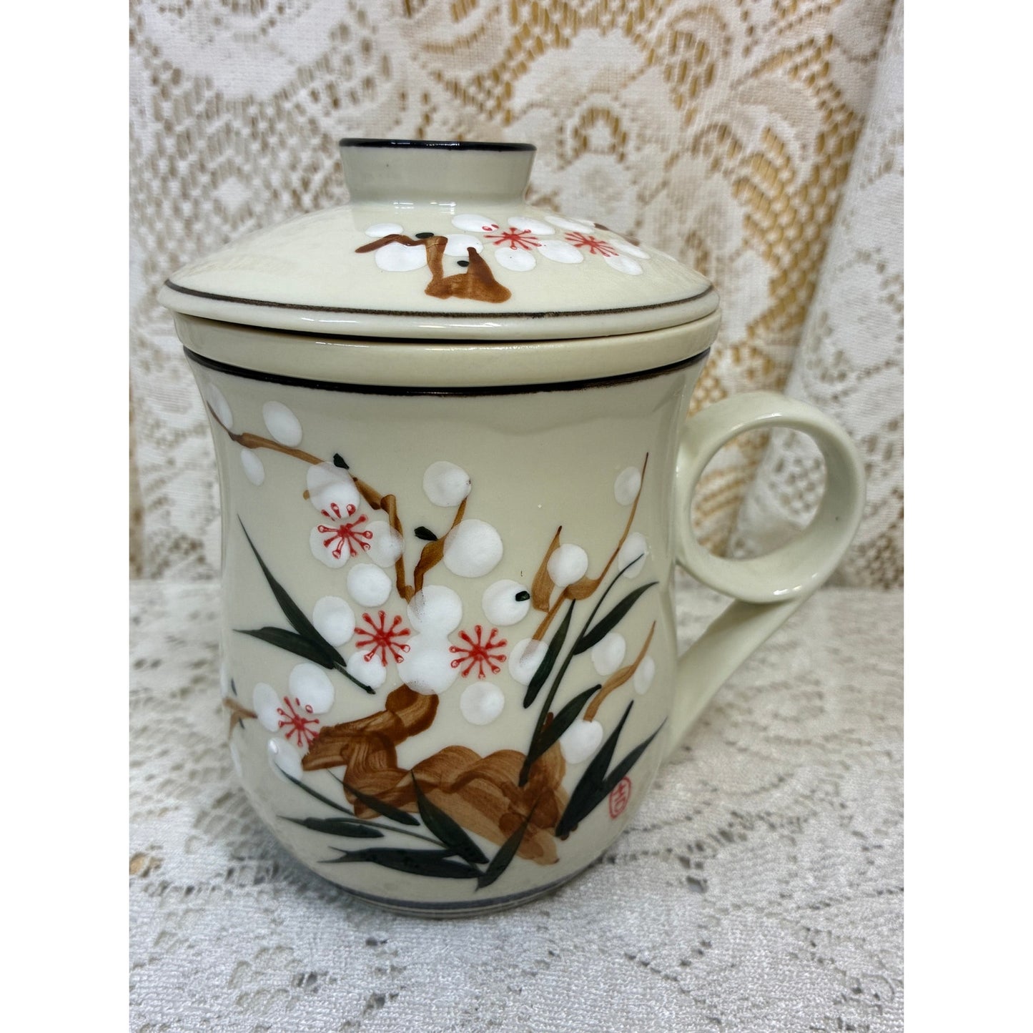 3-Piece Chinese Porcelain Tea Mug - Hand-Painted Floral Plum Blossom - Personal Infuser & Lid - Vintage