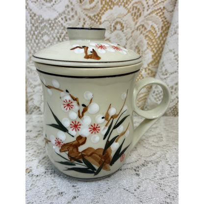3-Piece Chinese Porcelain Tea Mug - Hand-Painted Floral Plum Blossom - Personal Infuser & Lid - Vintage