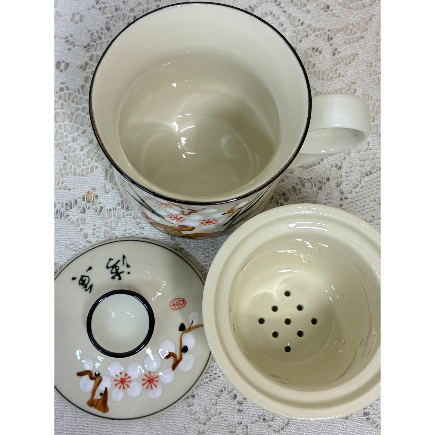 3-Piece Chinese Porcelain Tea Mug - Hand-Painted Floral Plum Blossom - Personal Infuser & Lid - Vintage