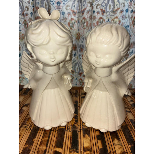 Ceramic Angel Figurines Set of 2 – Boy & Girl Cherub Angels 7.5” Ivory Home Decor, Vintage