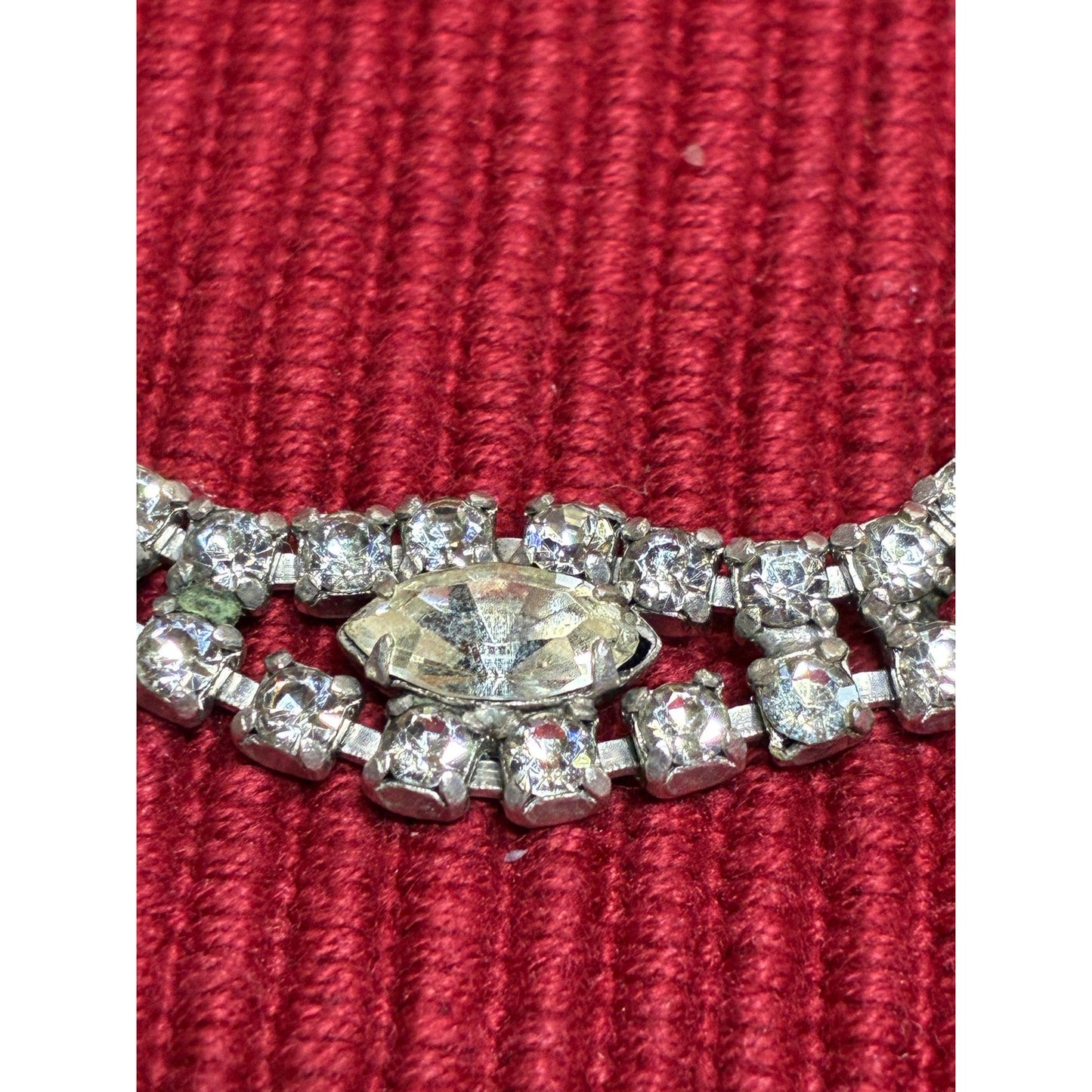Vintage Rhinestone Statement Necklace | 16” Silver Tone Marquise Crystal Collar | Old Hollywood Glam Jewelry