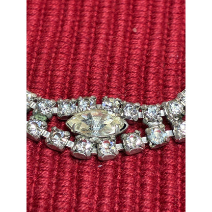 Vintage Rhinestone Statement Necklace | 16” Silver Tone Marquise Crystal Collar | Old Hollywood Glam Jewelry