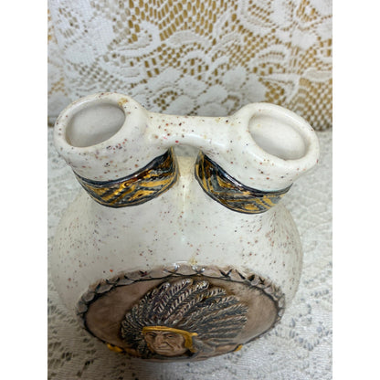 Native American Wedding Vase – Proud Chief & Tomahawk Motif – 6” Speckled Ceramic Southwest Decor – Mid-Century pottery
