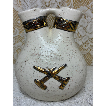 Native American Wedding Vase – Proud Chief & Tomahawk Motif – 6” Speckled Ceramic Southwest Decor – Mid-Century pottery
