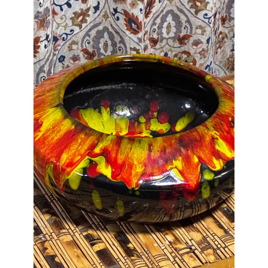 Vintage MCM Drip Glaze Pottery Bowl – Red Yellow Black Lava Glaze Planter