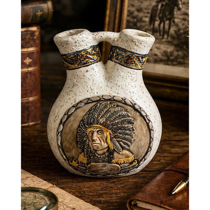 Native American Wedding Vase – Proud Chief & Tomahawk Motif – 6” Speckled Ceramic Southwest Decor – Mid-Century pottery