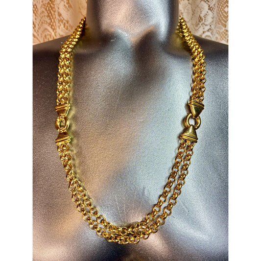 Signed Vintage GLEI Gold Tone Triple Chain Necklace | 26” Layered Link Necklace | 1980s Statement Jewelry