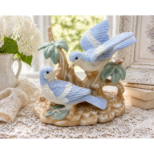 Vintage Porcelain Bluebird Figurine on Tree Stump – Crowning Touch Collection – Taiwan – 6” Tall