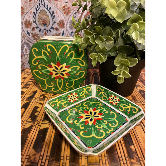 KASHMIR Takahashi Porcelain Floral Hand decorated Vase and Trinket Dish Bowl