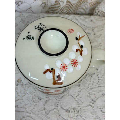 3-Piece Chinese Porcelain Tea Mug - Hand-Painted Floral Plum Blossom - Personal Infuser & Lid - Vintage