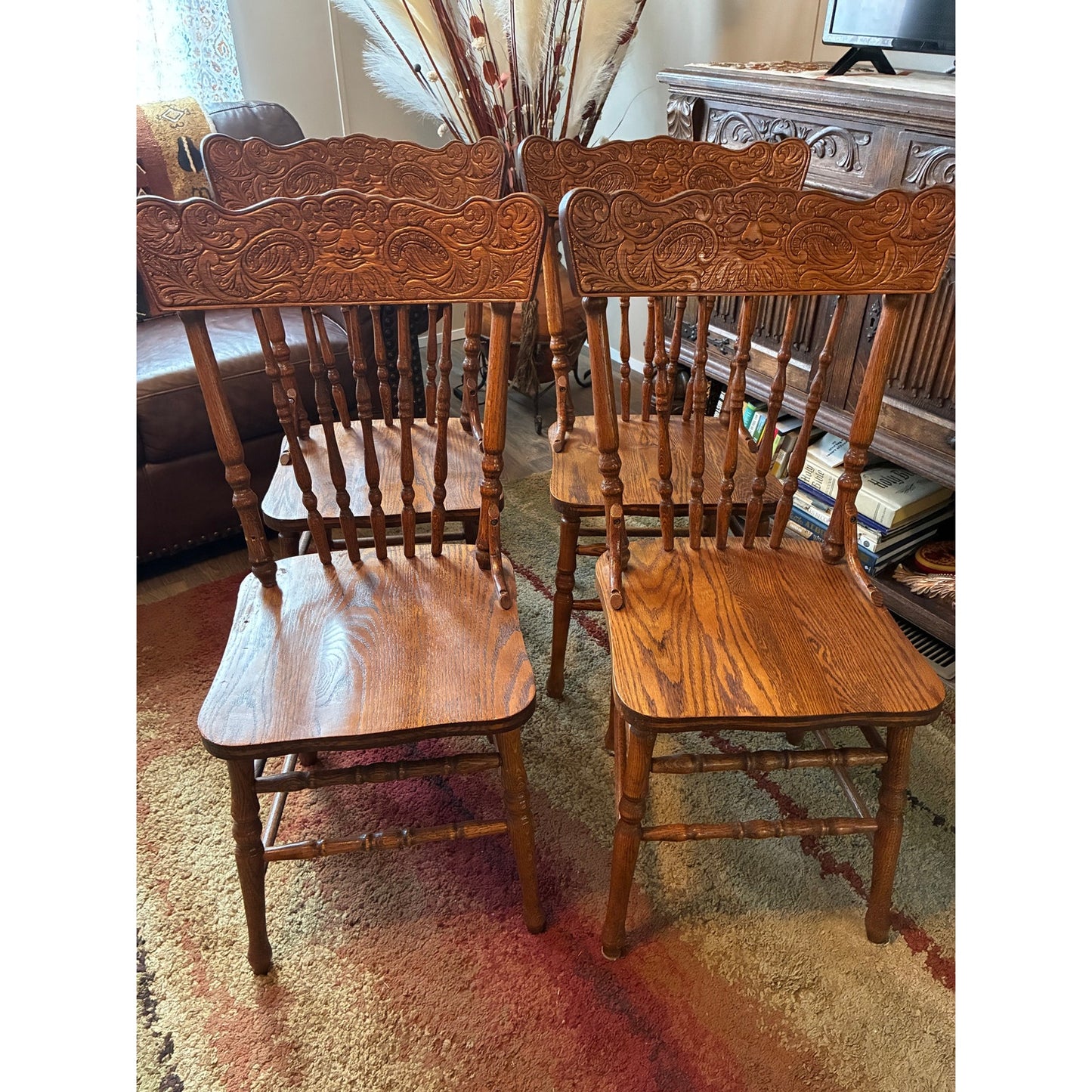 FOR LOCAL PICK UP ONLY: Antique Early 1900s Carved Oak “Green Man” Dining Chairs – Set of 4 – Made in Canada