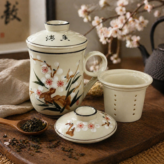 3-Piece Chinese Porcelain Tea Mug - Hand-Painted Floral Plum Blossom - Personal Infuser & Lid - Vintage