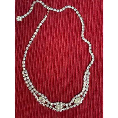 Vintage Rhinestone Statement Necklace | 16” Silver Tone Marquise Crystal Collar | Old Hollywood Glam Jewelry