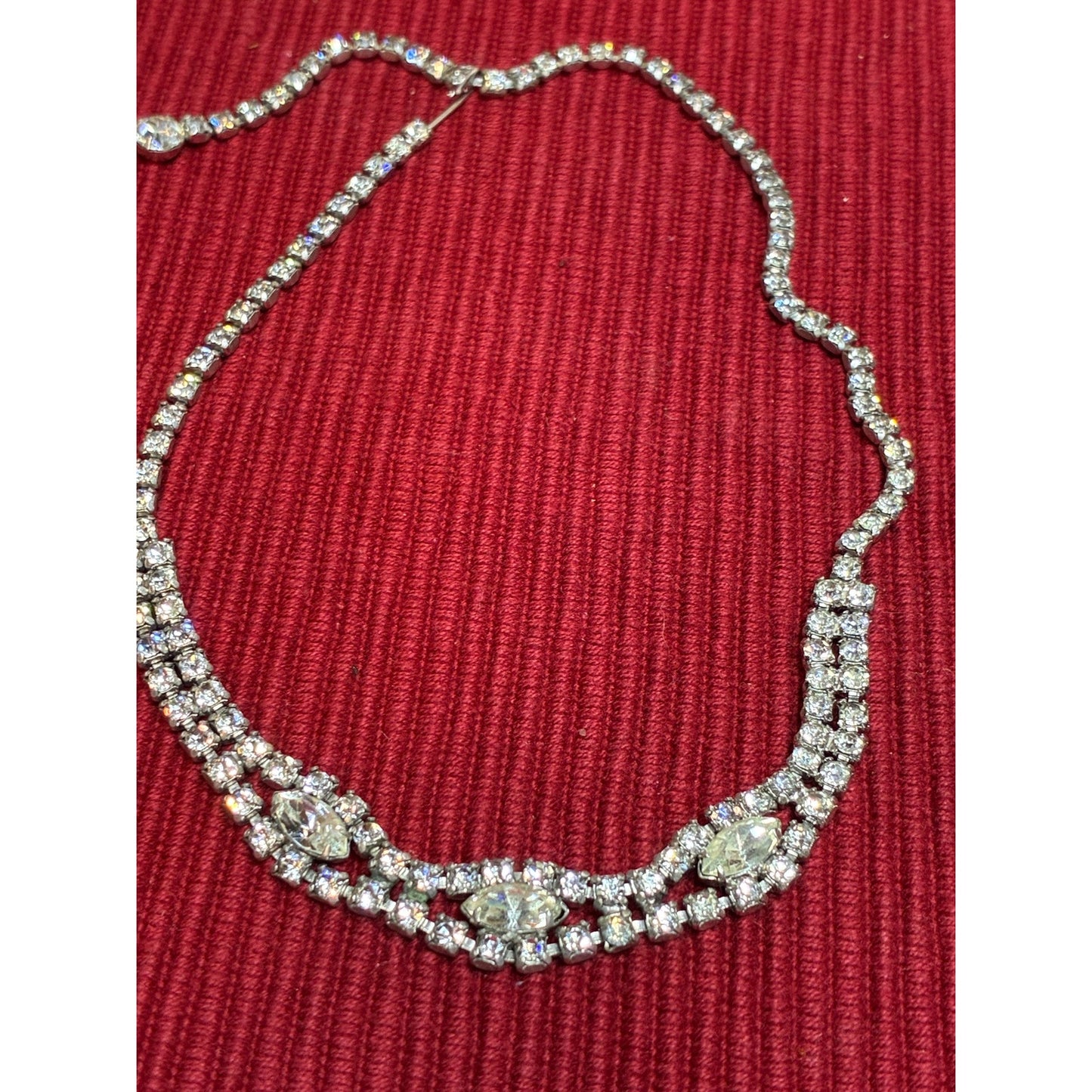 Vintage Rhinestone Statement Necklace | 16” Silver Tone Marquise Crystal Collar | Old Hollywood Glam Jewelry