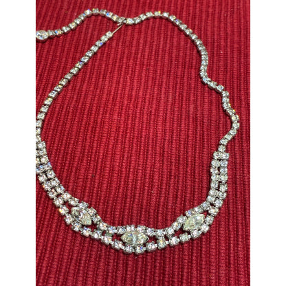 Vintage Rhinestone Statement Necklace | 16” Silver Tone Marquise Crystal Collar | Old Hollywood Glam Jewelry