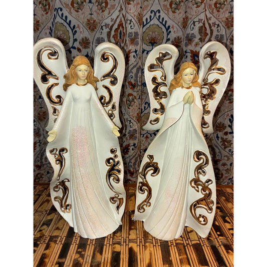 Vintage Angel Candle Holders Set of 2 – WMG 2004 Jaimy Angels – White Resin Gold Accents Glitter – Christmas Decor Spiritual Gift