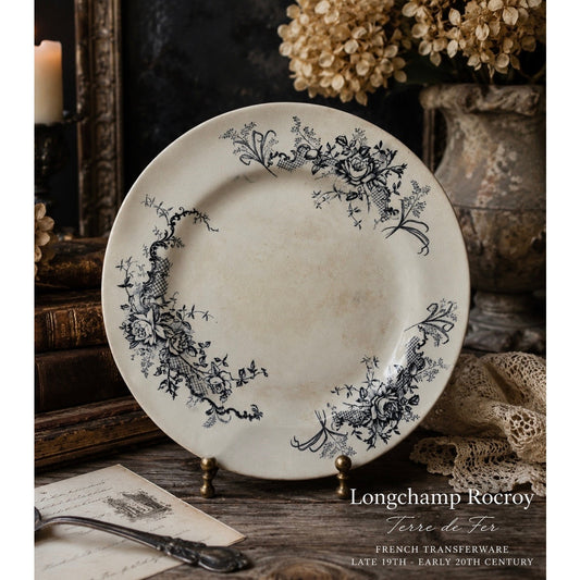 Longchamp Rocroy Terre de Fer French Transferware Plate Black Floral Ironstone 9.5” - Antique